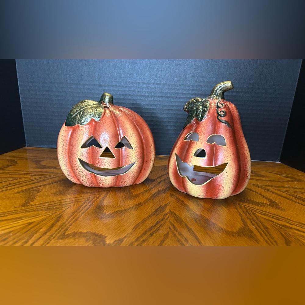 2 Ceramic Pumpkin Jack O’Lantern Luminaries Halloween Decor Candle Holders